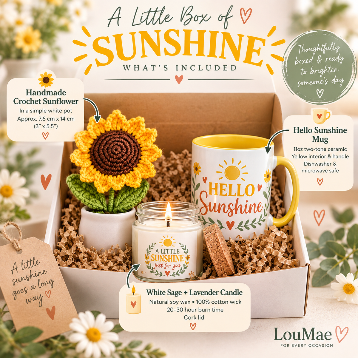 A curated gift box labeled 'A Little Box of Sunshine' by LouMae, filled with matching sun-themed items: a crocheted sunflower in a white pot, a yellow and white ceramic mug, a white sage and lavender candle, and a small wooden stick, all arranged in a kraft box with decorative hearts and text callouts.
