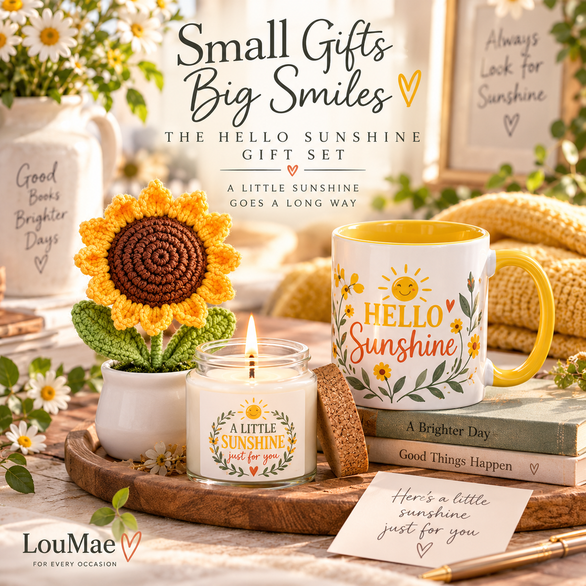 LouMae Hello Sunshine gift set arranged on a wooden tray with a crocheted sunflower, a lit candle jar, a yellow-and-white Hello Sunshine mug, books, and small decorative signs in a warm, sunlit setting.