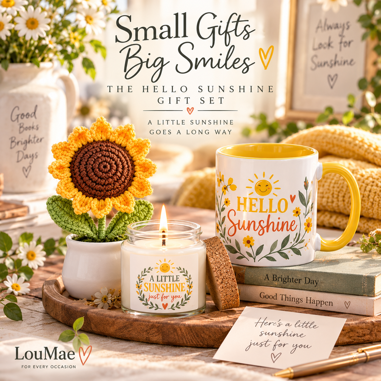 LouMae Hello Sunshine gift set arranged on a wooden tray with a crocheted sunflower, a lit candle jar, a yellow-and-white Hello Sunshine mug, books, and small decorative signs in a warm, sunlit setting.