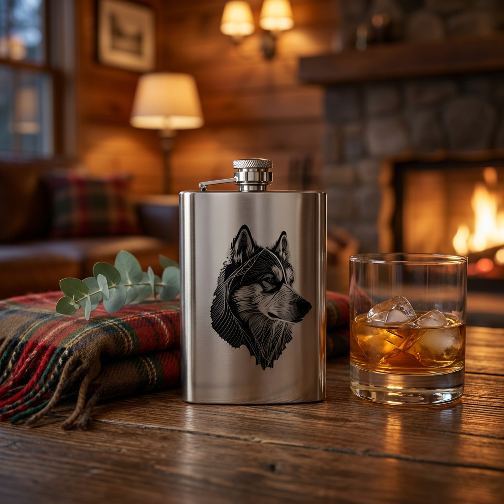 Husky portrait stainless steel 8oz hip flask
