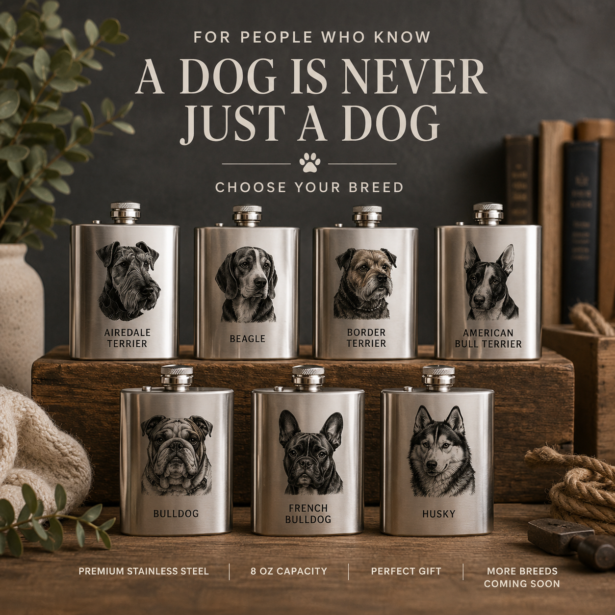 Six stainless steel dog-themed flasks with engraved dog portraits and breed names are arranged on a wooden surface in a styled setting. Above them, text reads 'FOR PEOPLE WHO KNOW A DOG IS NEVER JUST A DOG' and 'CHOOSE YOUR BREED,' with additional product callouts along the bottom.