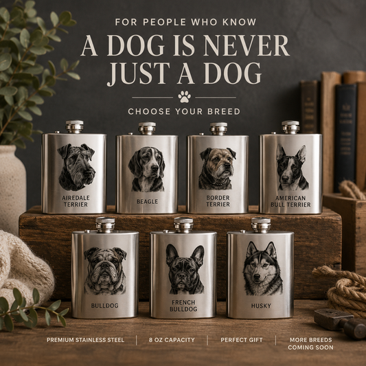 Six stainless steel dog-themed flasks with engraved dog portraits and breed names are arranged on a wooden surface in a styled setting. Above them, text reads 'FOR PEOPLE WHO KNOW A DOG IS NEVER JUST A DOG' and 'CHOOSE YOUR BREED,' with additional product callouts along the bottom.