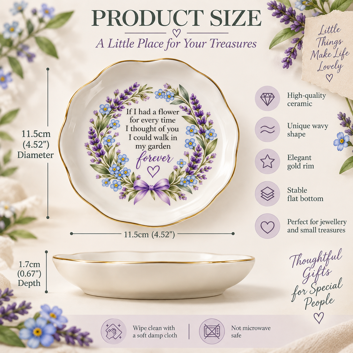 A decorative ceramic plate with a floral wreath design and a memorial message, shown with product dimensions, material features, and care instructions on a styled white background with lavender and blue flowers.