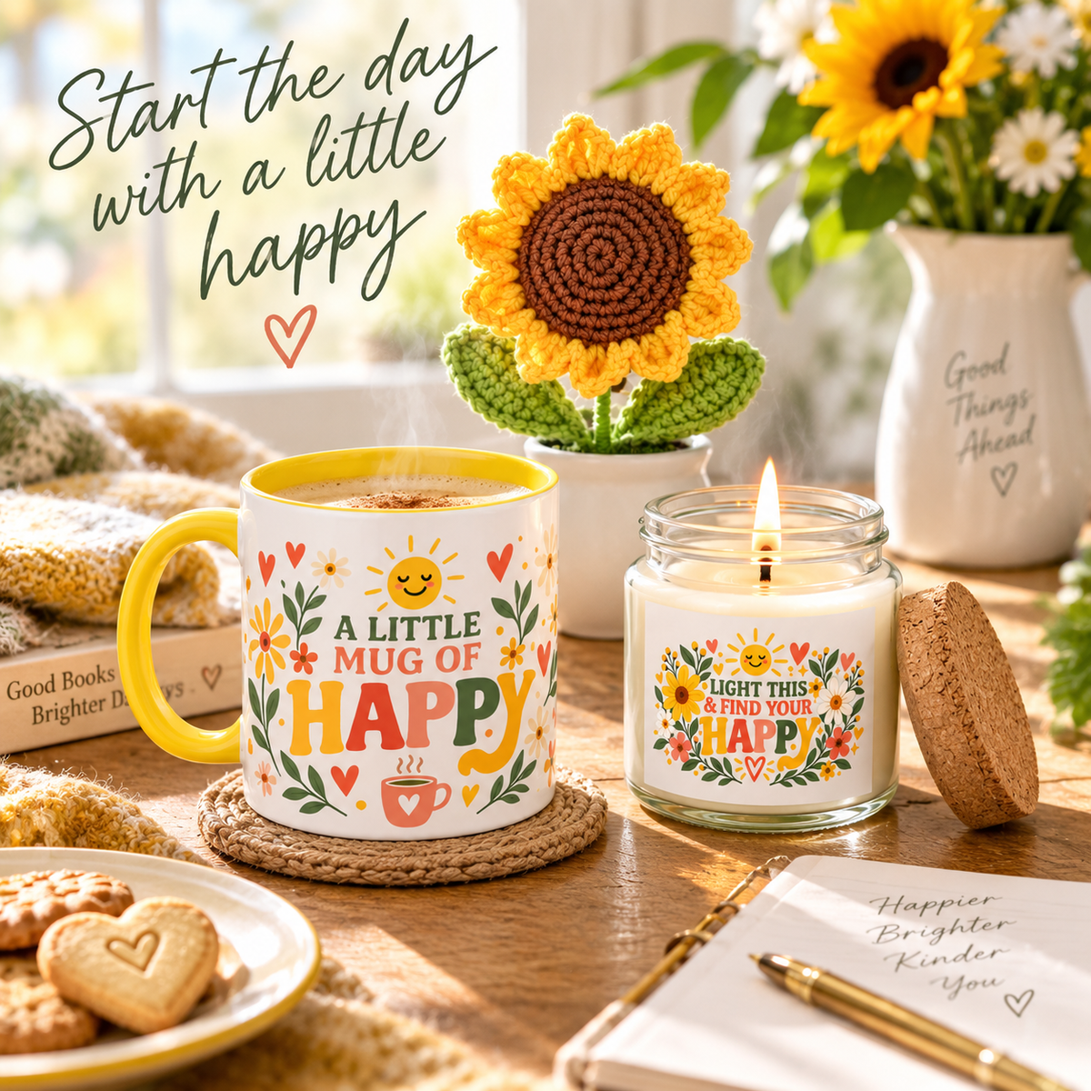 A cozy tabletop scene with a white ceramic mug and a glass jar candle, both printed with a sunflower and floral design and the phrase 'A LITTLE MUG OF HAPPY' and 'LIGHT THIS FIND YOUR HAPPY.' A crocheted sunflower, flowers in a vase, cookies, a notebook, and other warm home props surround them.