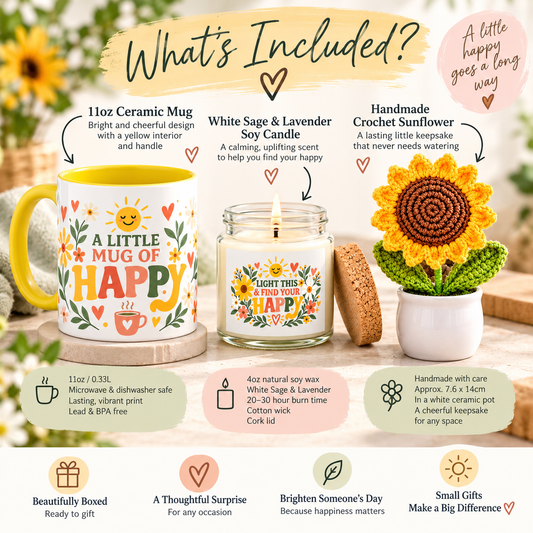 An infographic-style product inclusion graphic for a gift set. The central area shows a white ceramic mug with a yellow handle and interior, a white scented candle in a clear glass jar with a yellow label, and a large crocheted yellow sunflower in a small white pot.