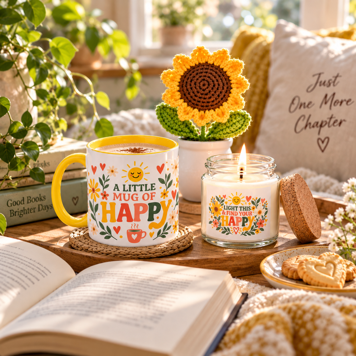 A cozy lifestyle scene featuring a white ceramic mug with a yellow handle and a matching candle jar. Both items are decorated with a colorful 'A Little Mug of Happy' and 'Light This Mug of Happy' design, complete with yellow suns, hearts, and flowers.