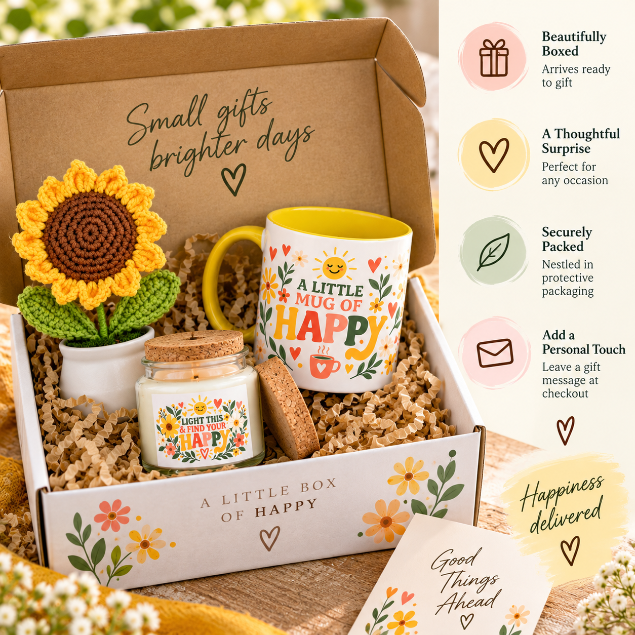 A Little Mug of Happy Gift Set – Mug, Soy Candle & Crochet Sunflower