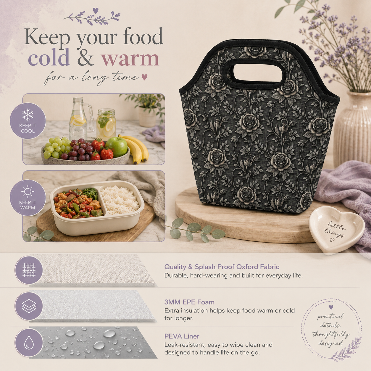 A black insulated lunch bag with a grey and black gothic floral pattern, displayed on a wooden board with food and surrounded by product feature callouts and text on a light beige background.