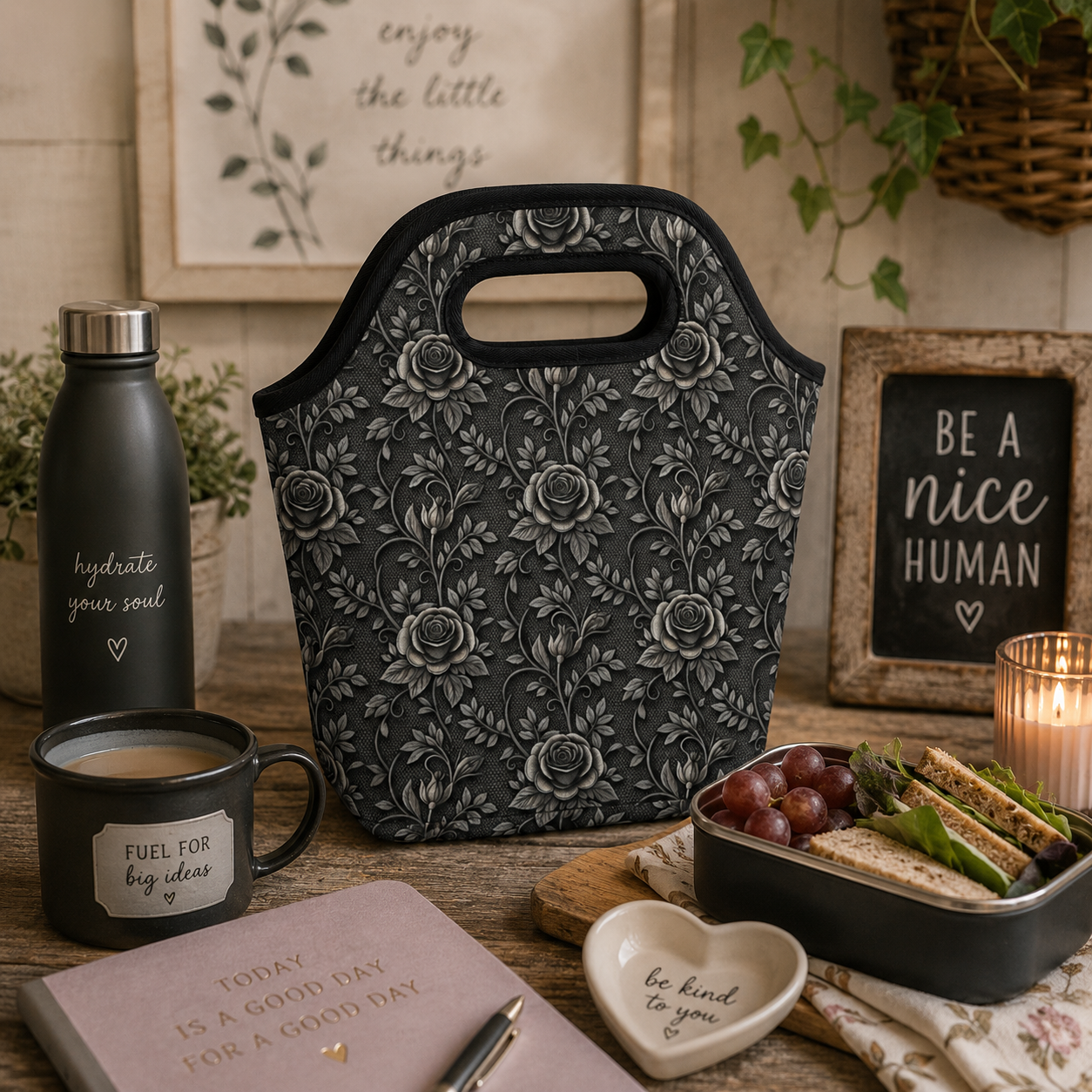 A dark gray insulated tote bag with a gray floral rose pattern, styled on a wooden table with a black water bottle, a black coffee mug, a bento box with sandwiches and grapes, and decorative signs.
