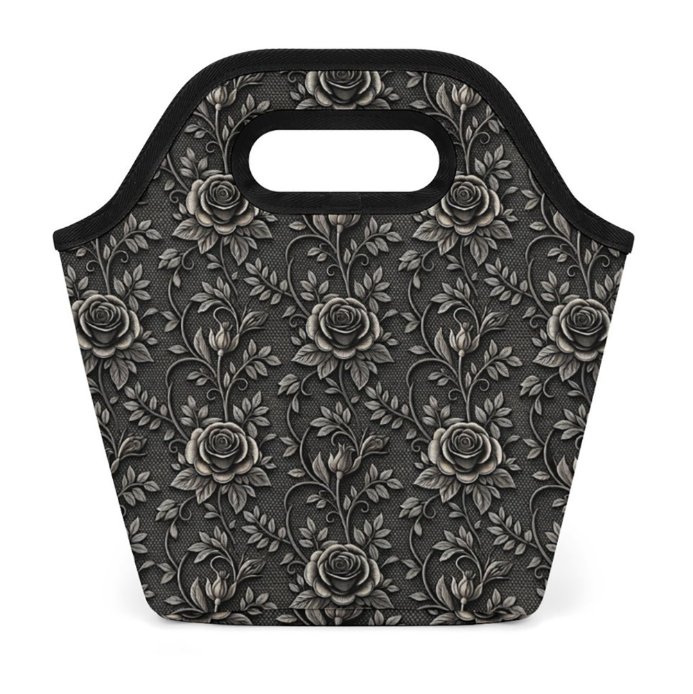 A structured insulated tote bag with a dark gray and black floral rose pattern, featuring integrated top handles and a black trim.