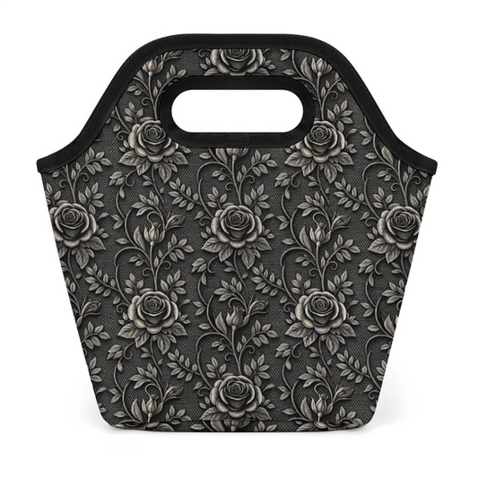 A structured insulated tote bag with a dark gray and black floral rose pattern, featuring integrated top handles and a black trim.