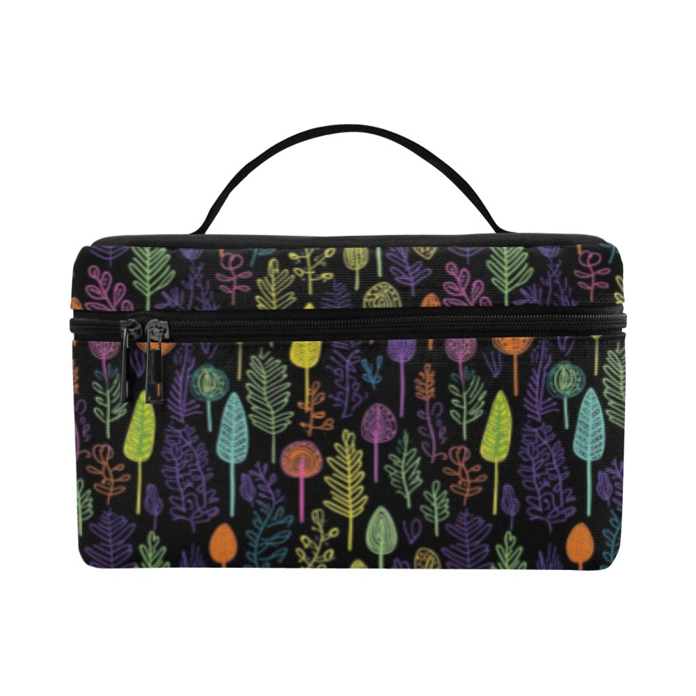 A rectangular zippered pouch or case with a black handle, featuring a colorful forest pattern of stylized trees and plants on a black background.