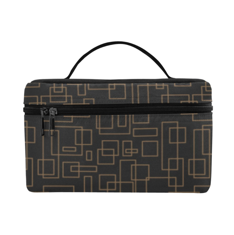 A rectangular zippered travel or toiletry case with a black top handle, featuring a black and tan geometric line pattern on a clean white background.
