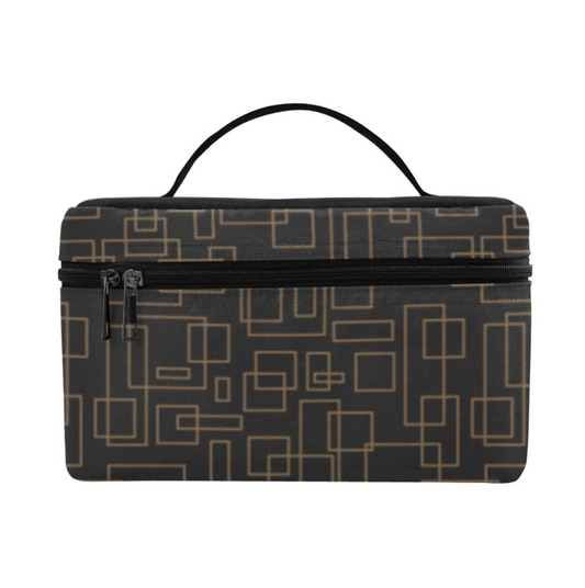 A rectangular zippered travel or toiletry case with a black top handle, featuring a black and tan geometric line pattern on a clean white background.