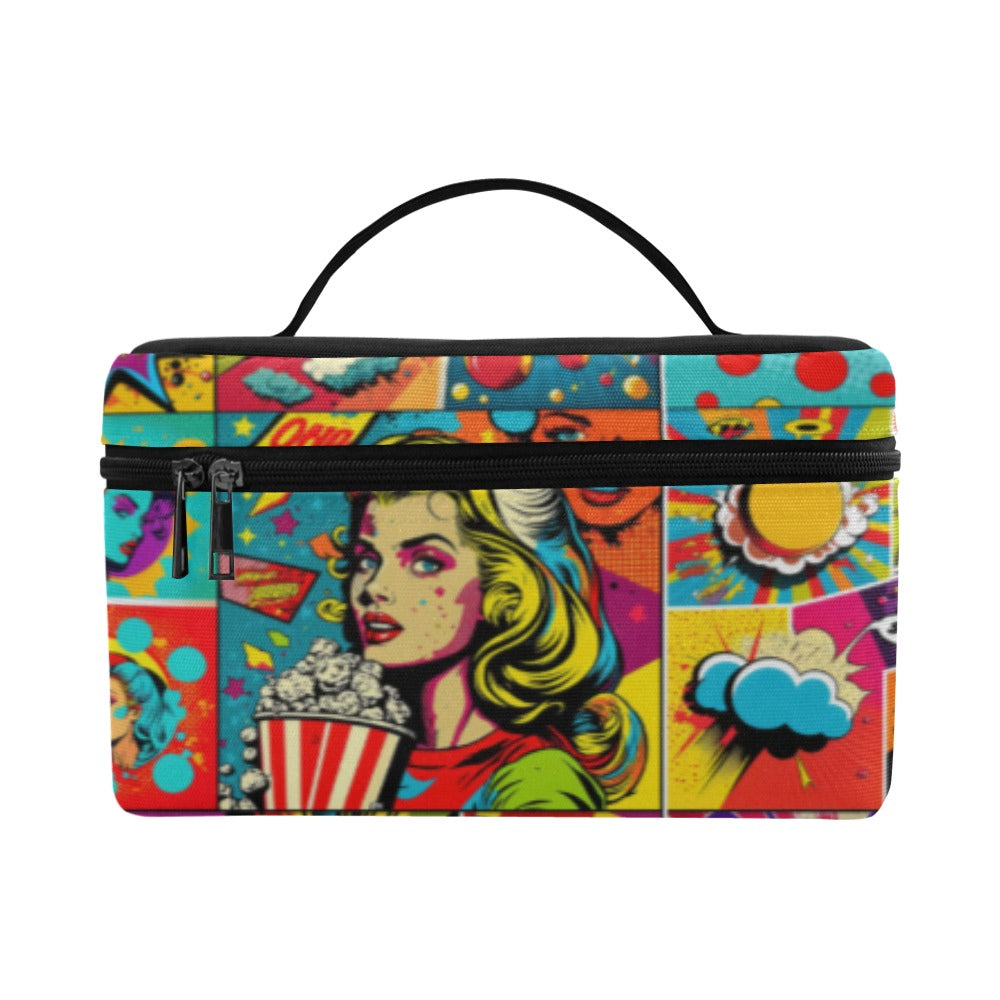 A rectangular zippered case with a colorful pop-art comic book style print, featuring a blonde woman holding popcorn, comic panels, and a black top handle on a white background.