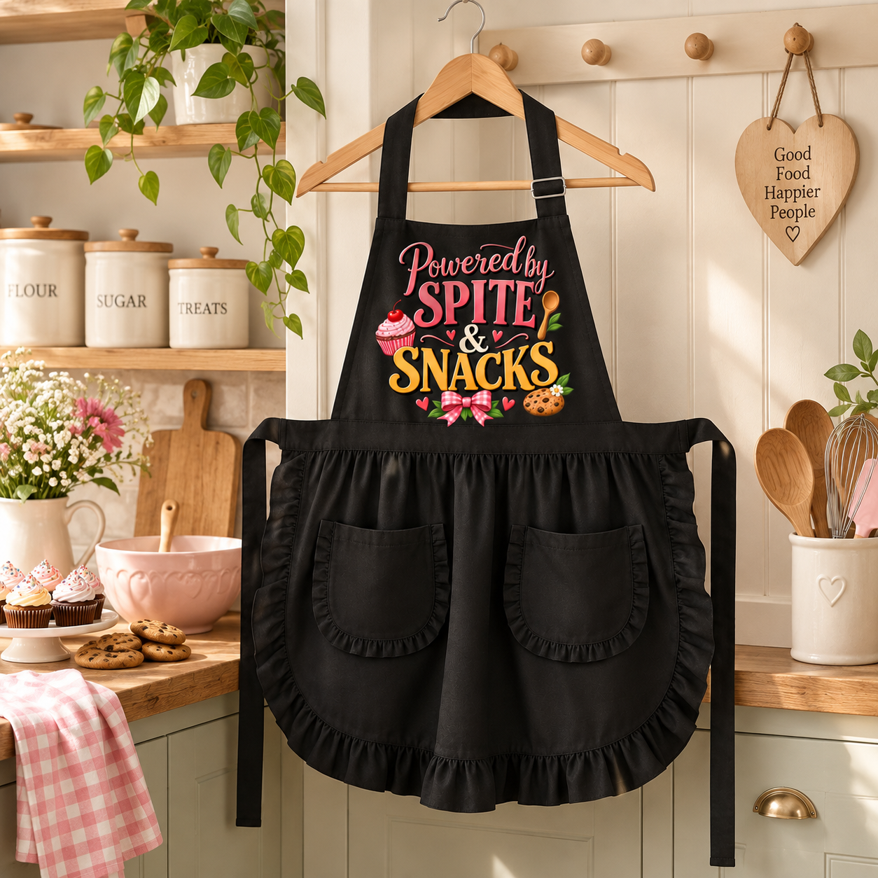 A black apron with ruffled trim and front pockets hangs on a wooden hanger in a cozy kitchen setting. The apron features a colorful graphic that reads 'Powered by SPITE & SNACKS' with cupcake and cookie illustrations.
