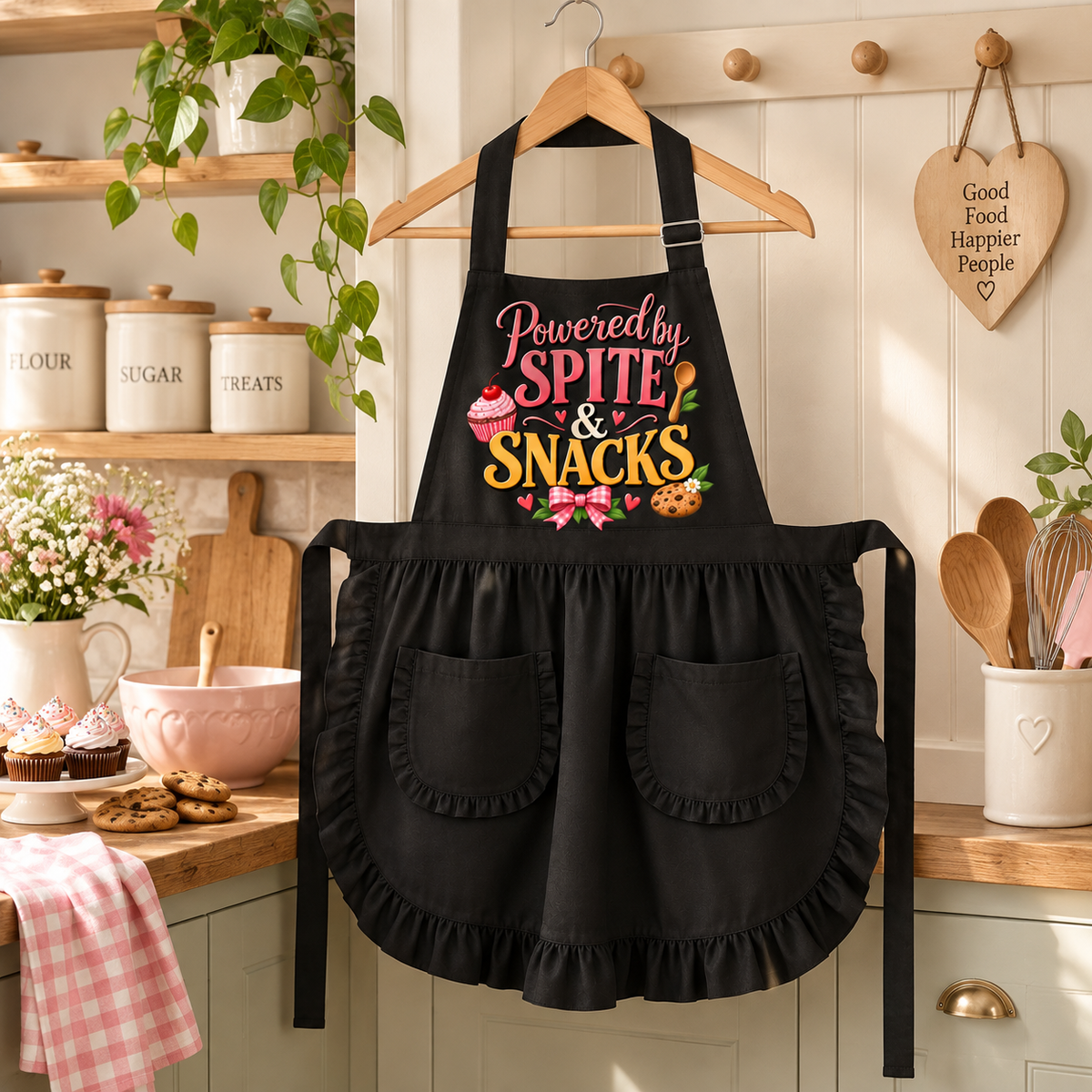 A black apron with ruffled trim and front pockets hangs on a wooden hanger in a cozy kitchen setting. The apron features a colorful graphic that reads 'Powered by SPITE & SNACKS' with cupcake and cookie illustrations.