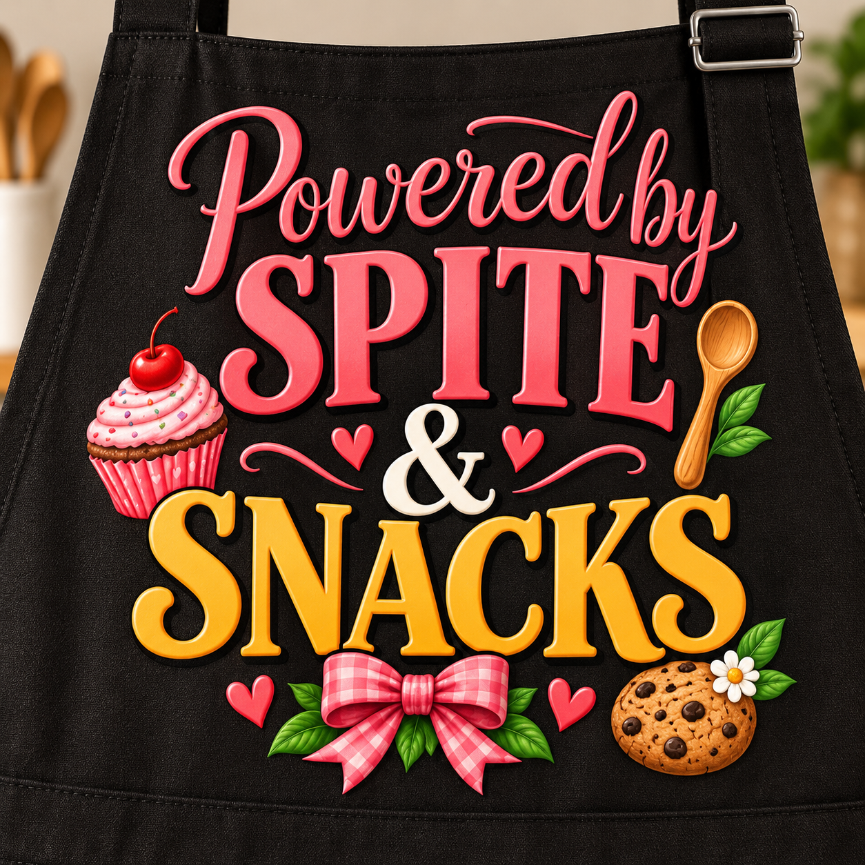 A black apron featuring a colorful graphic design that reads 'Powered by SPITE & SNACKS' with illustrations of a pink cupcake, a wooden spoon, a pink gingham bow, and a chocolate chip cookie.