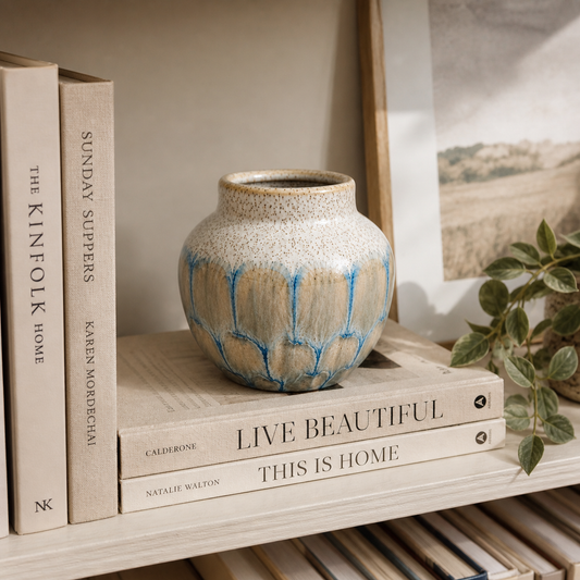 Reactive Glaze Ceramic Bud Vase – Blue & Cream – 8cm