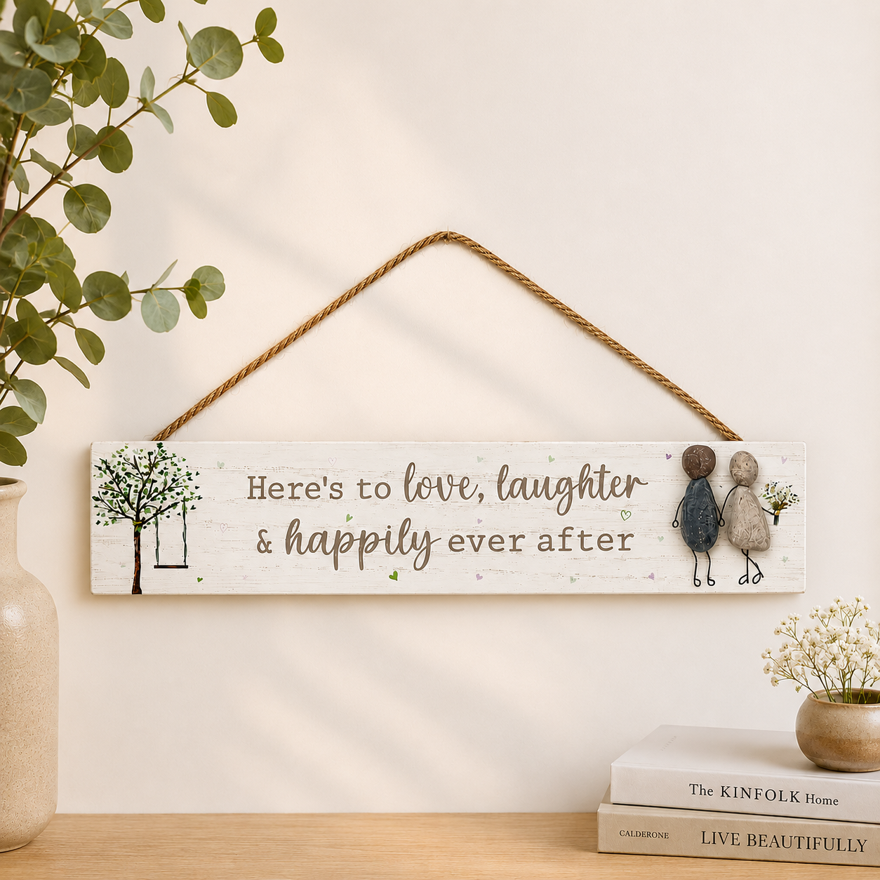 Wooden Hanging Plaque – Rustic Pebble Couple Sign
