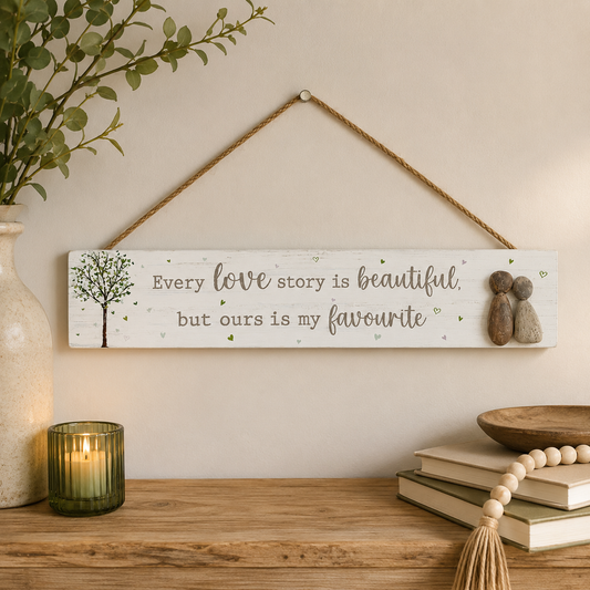 Wooden Hanging Plaque – Rustic Pebble Couple Sign
