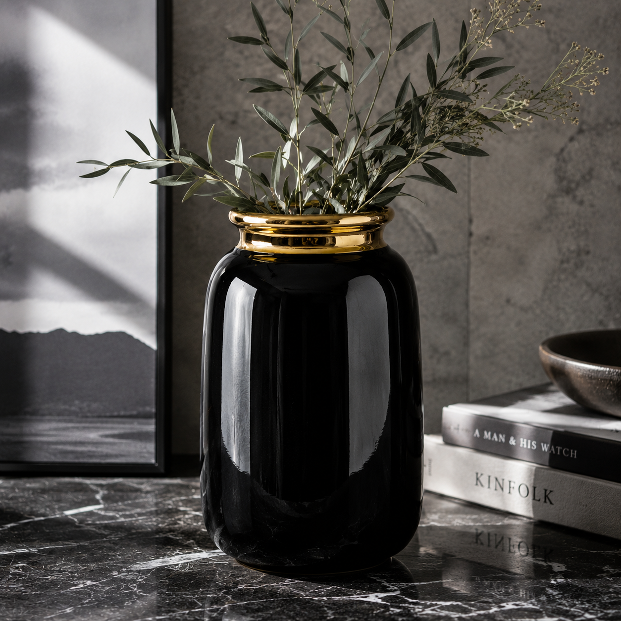 Luxury Ceramic Vase with Gold Rim | Black & Sage Green Home Decor Vase