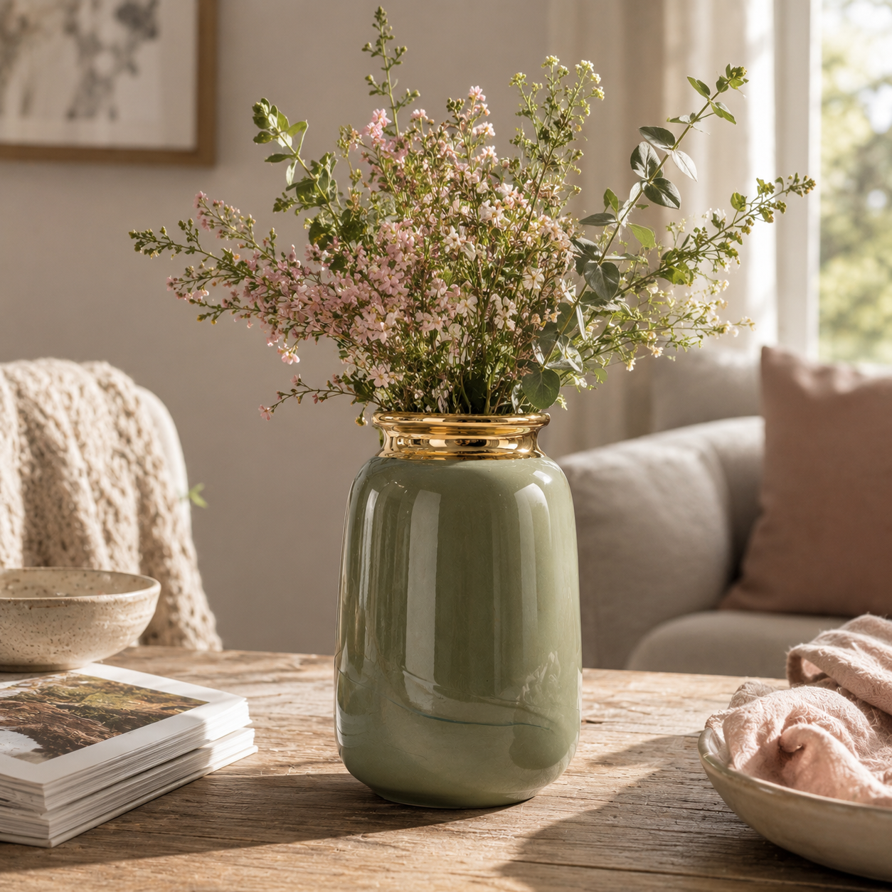 Luxury Ceramic Vase with Gold Rim | Black & Sage Green Home Decor Vase
