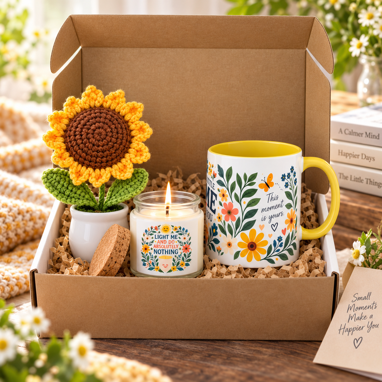 A curated gift box set on a wooden table, featuring a brown kraft gift box filled with shredded paper and containing a crocheted sunflower in a small white pot, a white candle in a glass jar with a yellow label, a white ceramic mug with a yellow handle and interior, and a small card. Books and blurred flowers frame the scene.