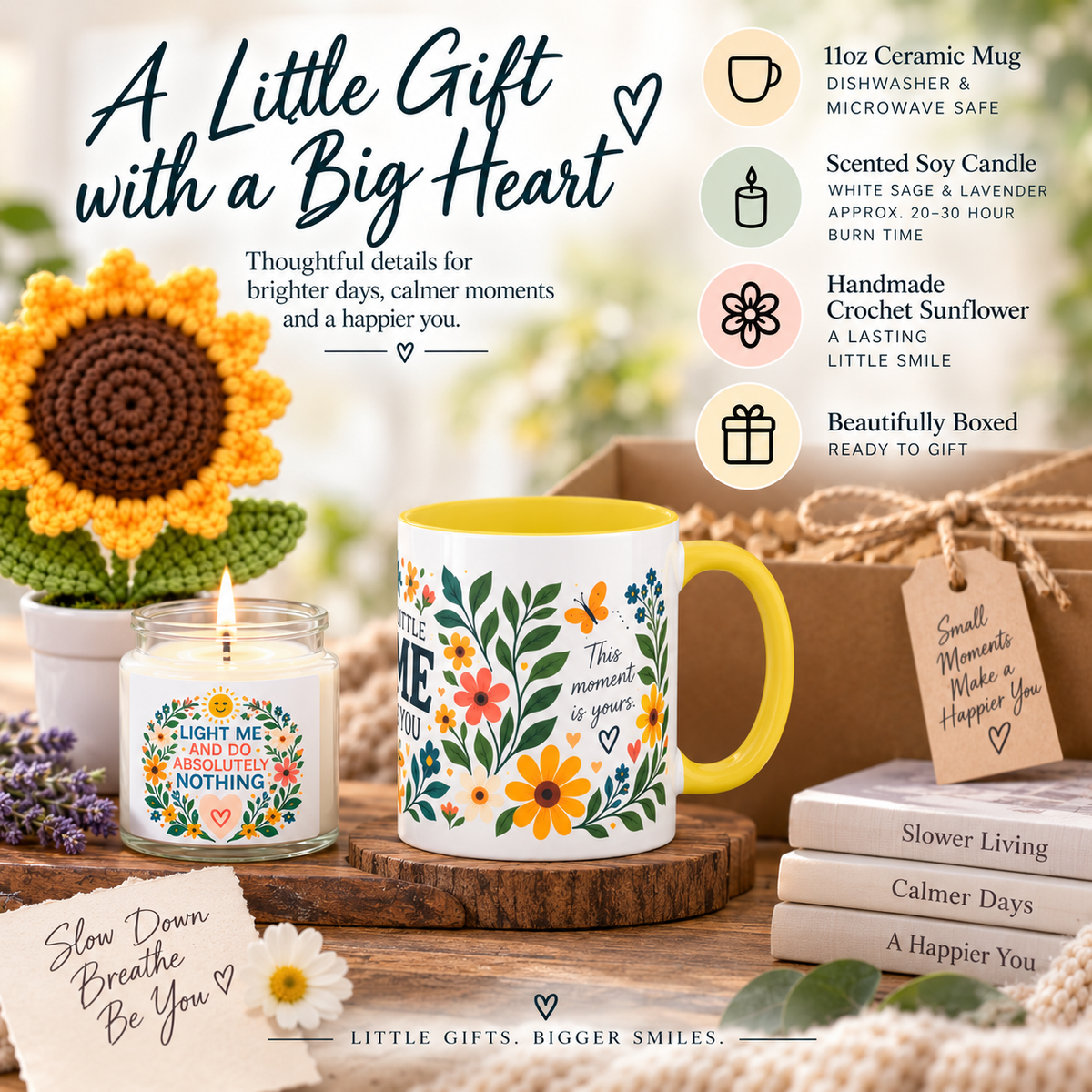 A curated gift set featuring a ceramic mug with a colorful floral pattern and yellow handle, a white candle jar with a matching floral label, a yellow crochet sunflower, and small books, arranged on a wooden tray with promotional text and icons.