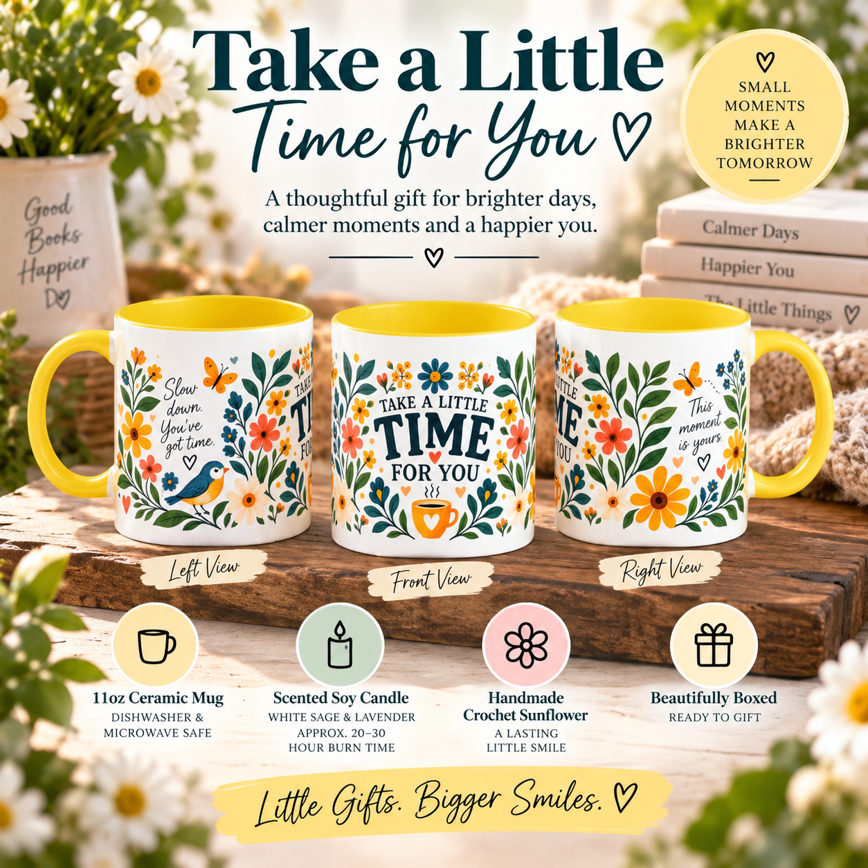 Three views of a ceramic mug with a floral pattern and the text 'Take a Little Time for You' on a wooden surface, surrounded by gift boxes, books, and small text callouts describing the mug's features.