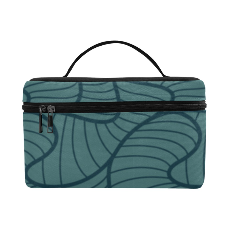 A rectangular zippered case with a top handle, featuring a teal and dark teal wavy leaf pattern, shown against a plain white background.