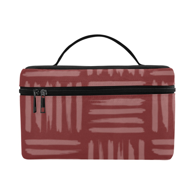 A rectangular zippered cooler bag with a top carry handle, featuring a muted red and dusty rose ikat-style pattern on a white background.