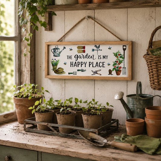 A framed wooden wall sign with the phrase “THE GARDEN IS MY HAPPY PLACE” hangs on a rustic wood-paneled wall above a garden bench. The sign is decorated with small gardening tool illustrations and is surrounded by potted seedlings, terracotta pots, a metal watering can, and gardening tools in a sunlit greenhouse or garden room setting.