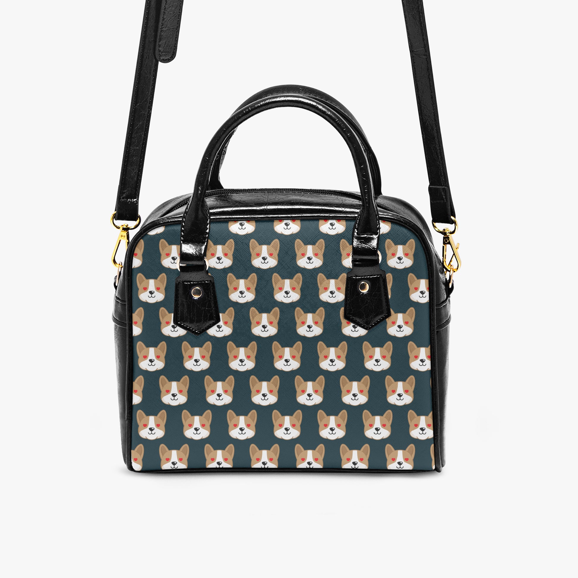 Handbag with corgi pattern on a dark green background