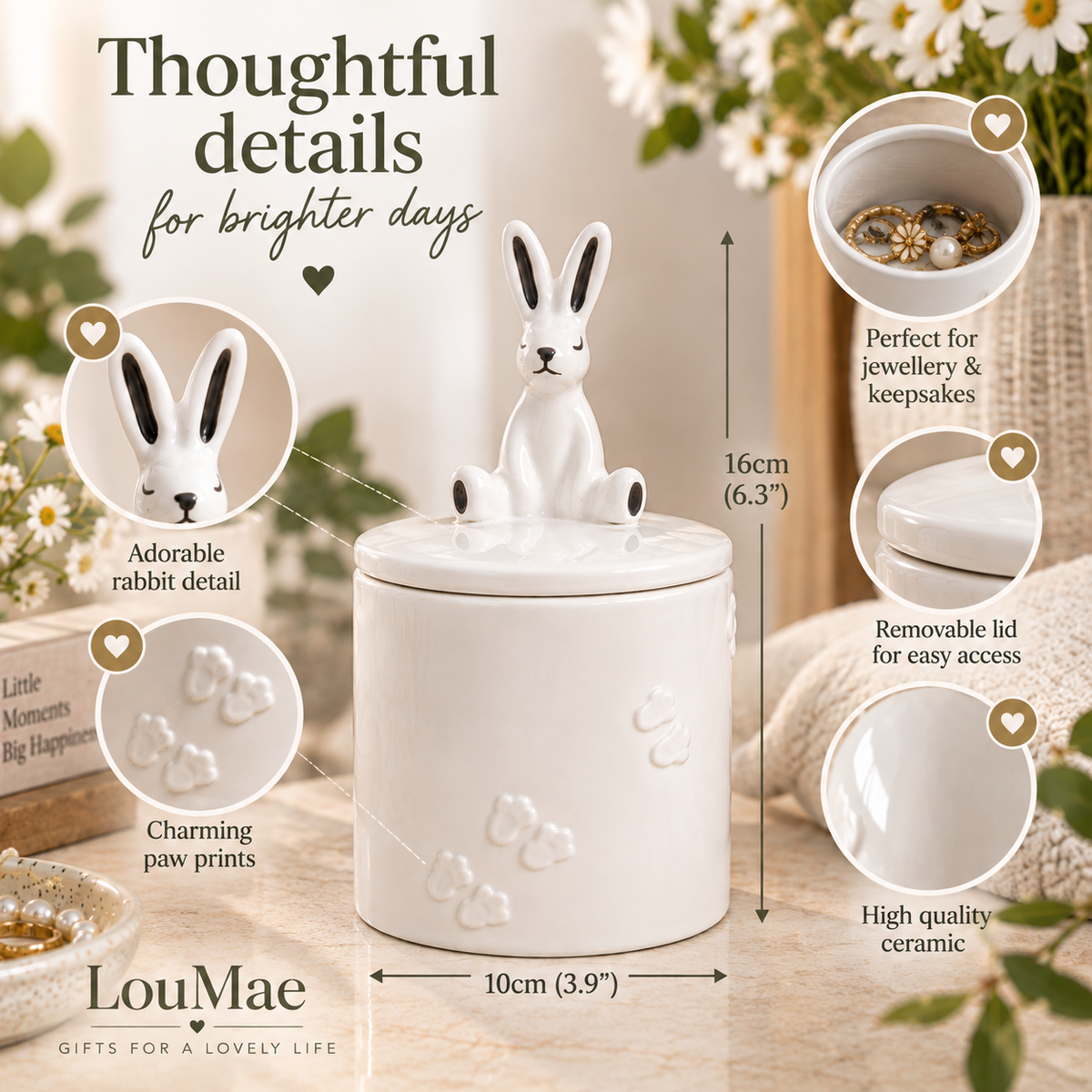 White ceramic rabbit-themed keepsake jar with a lid and a small rabbit figure on top, shown with overlaid dimension labels (16cm height, 10cm width) and feature callouts on a softly styled tabletop scene.