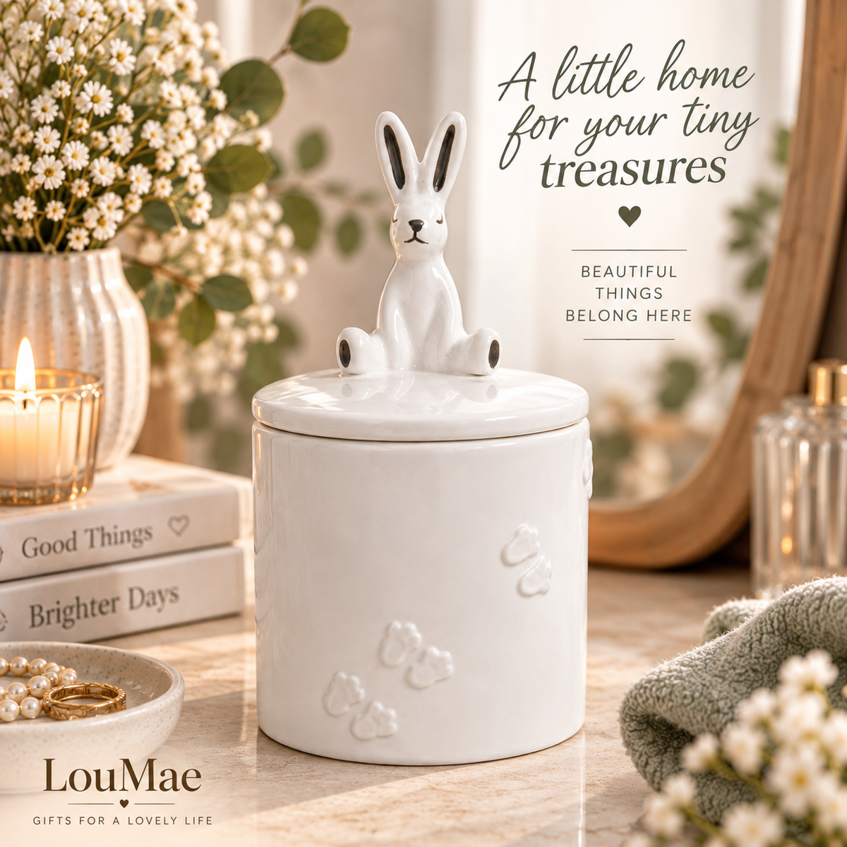 White ceramic rabbit trinket pot displayed on a neutral bathroom counter beside a folded towel, soap and dried flowers.