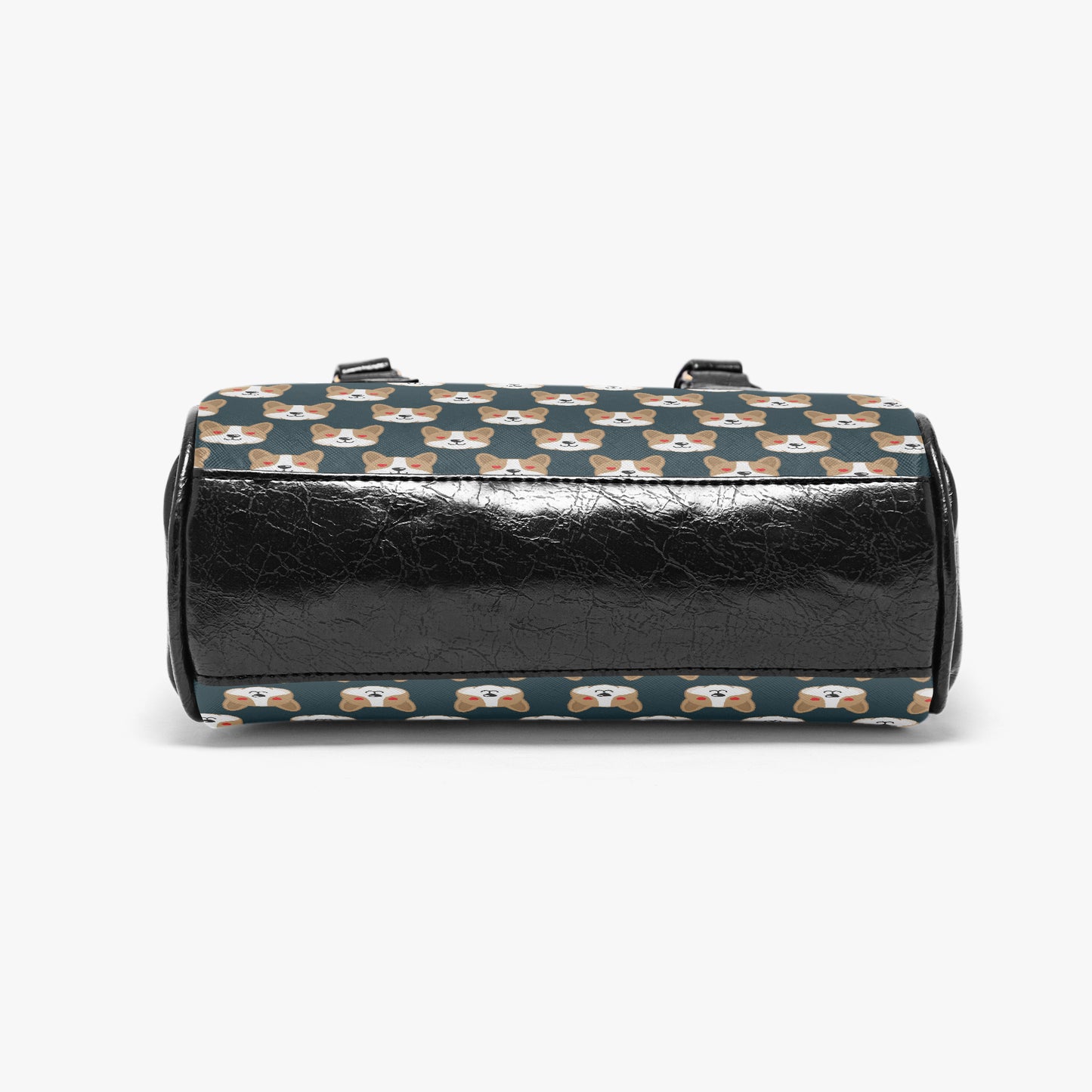 Black duffel bag with dog pattern on a white background