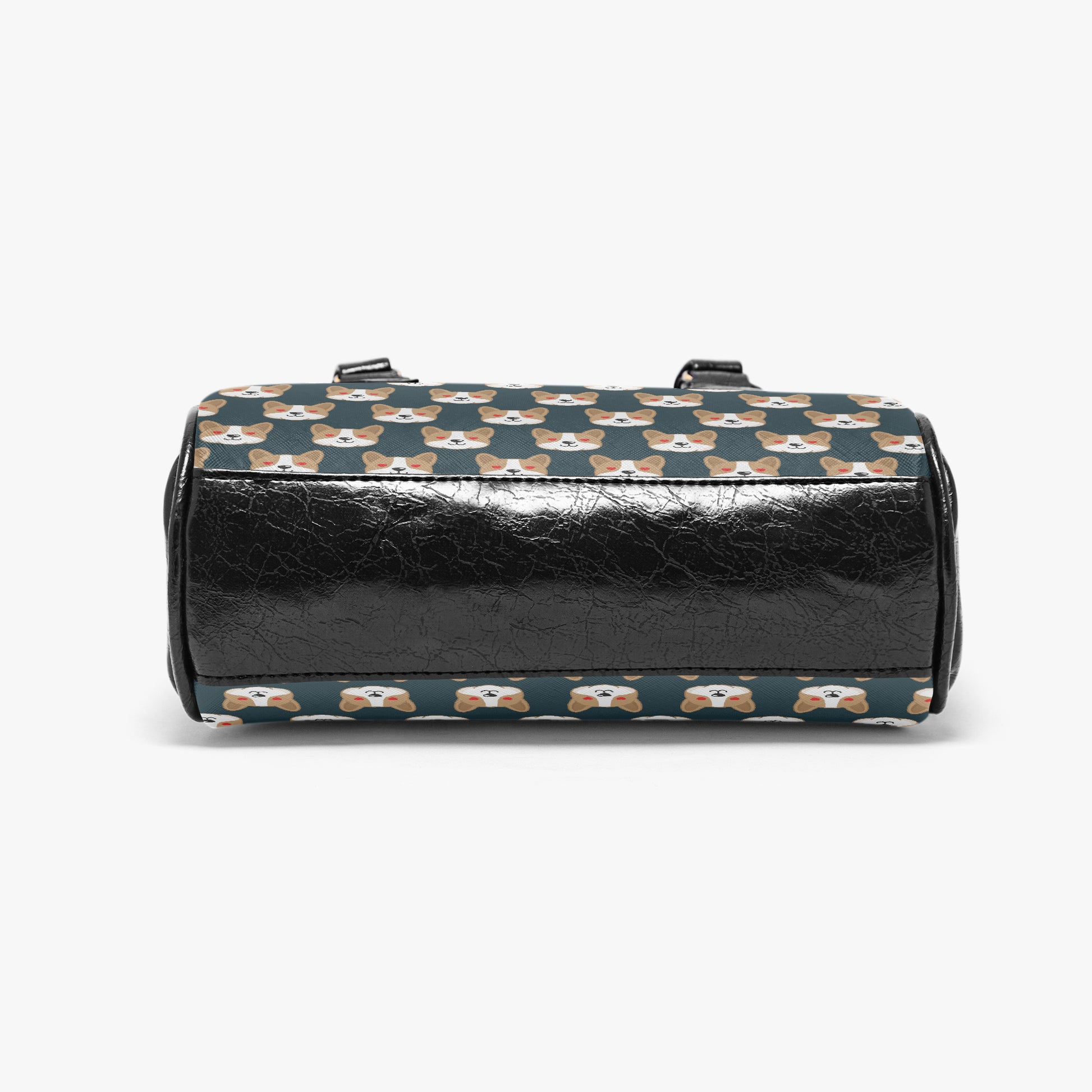 Black duffel bag with dog pattern on a white background