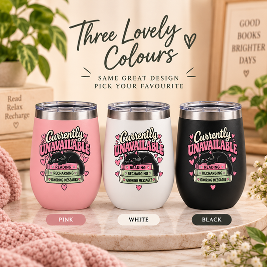 Three insulated tumblers in pink, white, and black are lined up on a marble surface with decorative props. The tumblers feature a matching graphic design with a black cat, pink hearts, and the text 'Currently UNAVAILABLE for READING MESSAGES!'.
