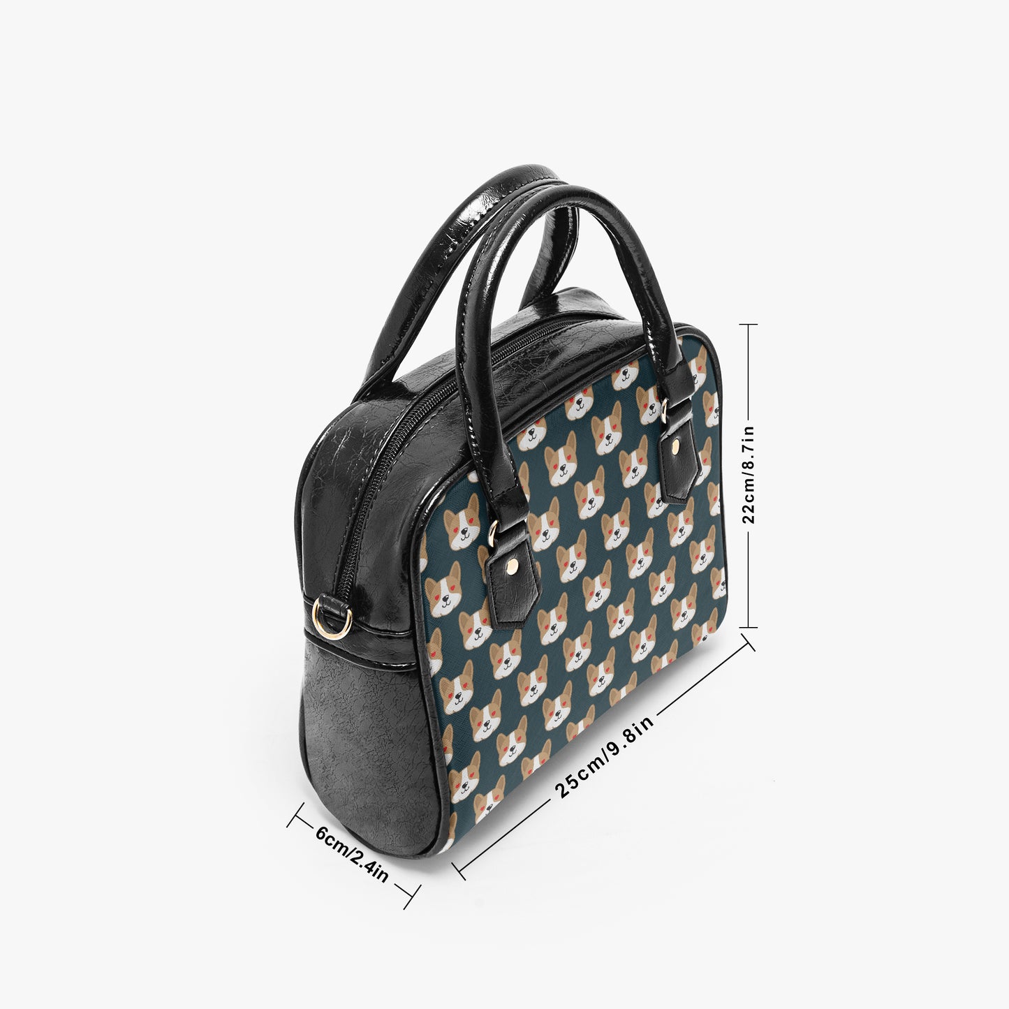 Handbag with corgi pattern and measurements on a white background