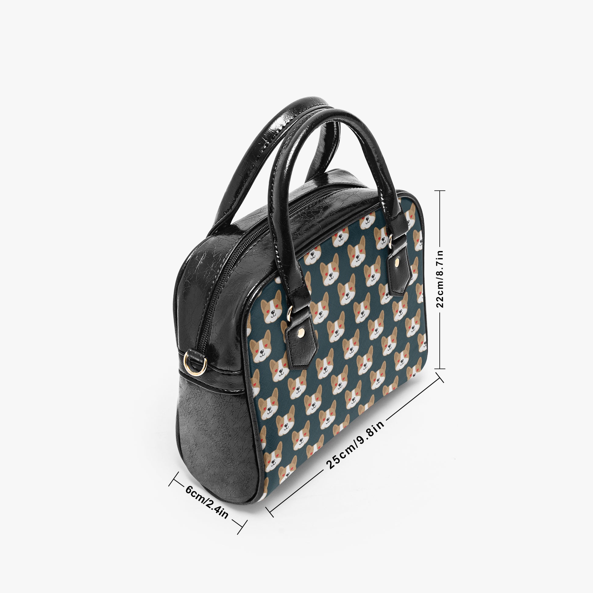 Handbag with corgi pattern and measurements on a white background