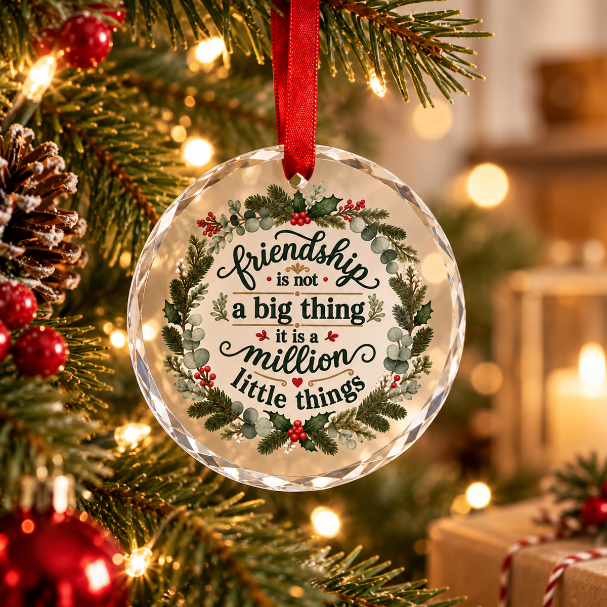 A round clear hanging ornament with a red ribbon, decorated with a green wreath and the phrase “Friendship is not a big thing it is a million little things,” displayed on a Christmas tree with warm lights and holiday decor.