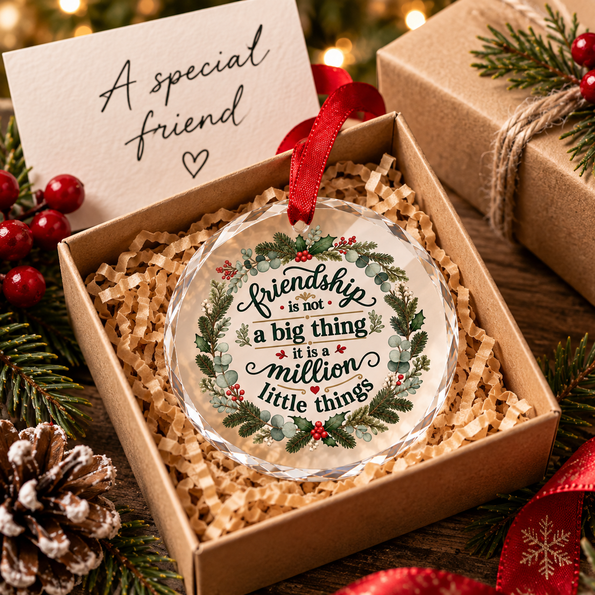 A round clear glass ornament with a printed holiday wreath design and the phrase “Friendship is not a big thing it is a million little things,” displayed in a kraft gift box with shredded paper. A card reading “A special friend” and Christmas greenery and red berries surround the box.