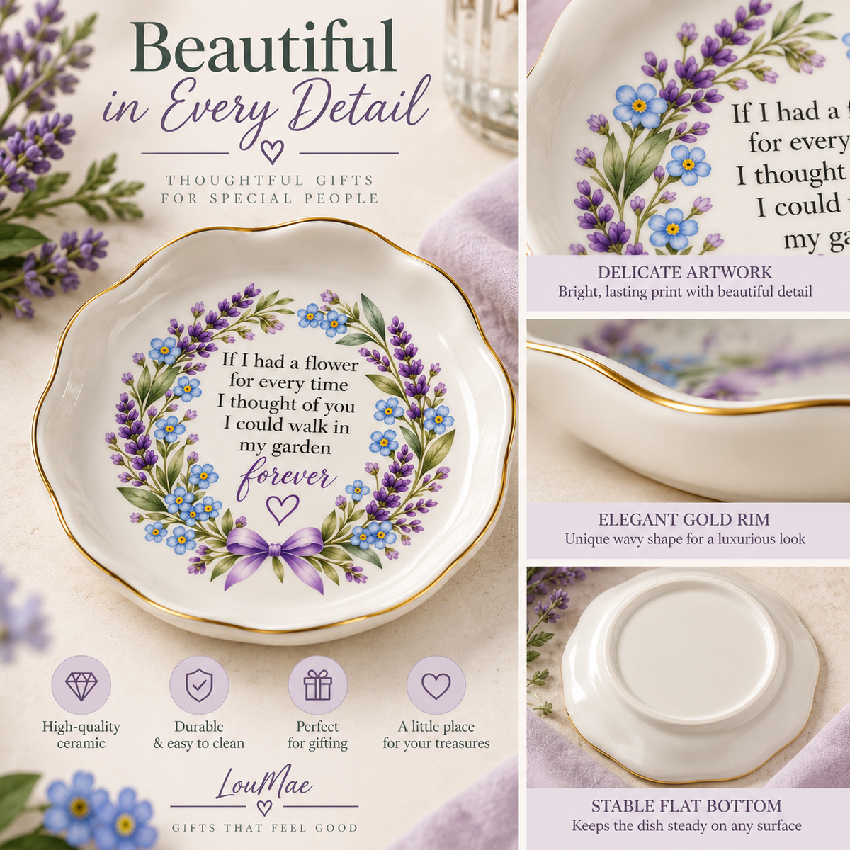 A decorative ceramic plate with a gold rim, featuring a purple and blue floral wreath and a sentimental quote. The image is a multi-panel marketing graphic with text callouts highlighting the plate's features, including its elegant gold rim, wavy shape, and flat stable bottom.