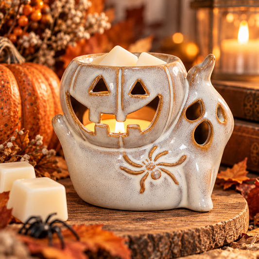 Ceramic pumpkin and ghost wax melter styled in a cosy autumn setting with warm seasonal colours and decorative accessories.