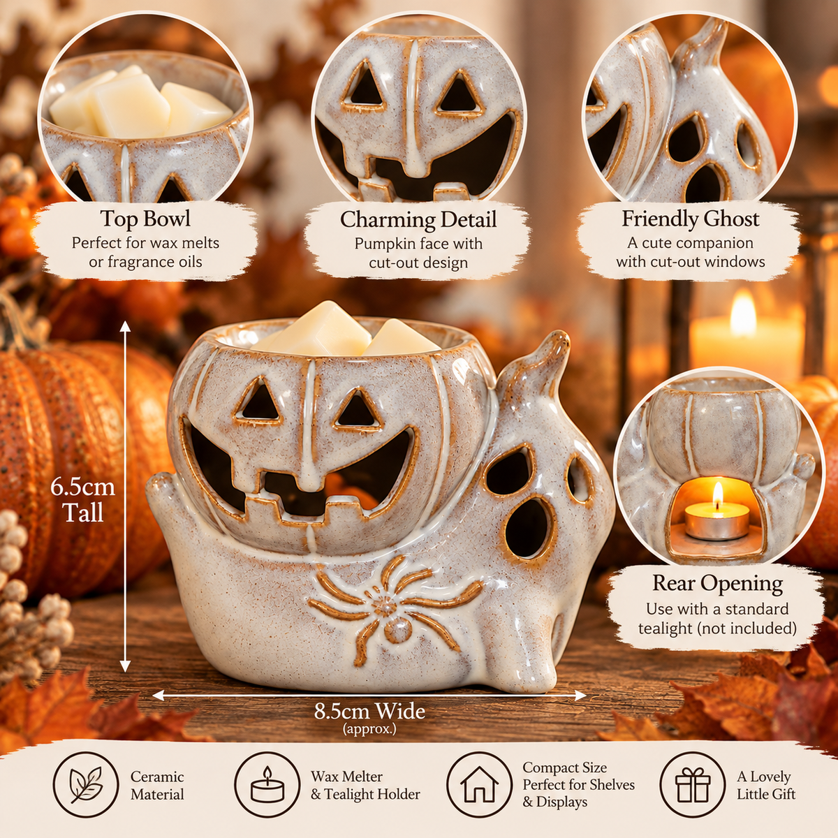 Close-up of the small ceramic pumpkin and ghost wax melter showing its glossy pale glaze, carved Halloween faces and decorative spider detail.