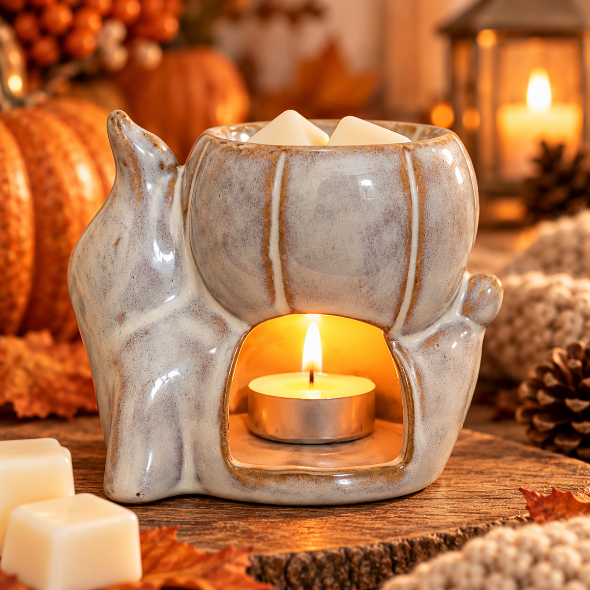 Rear view of the ceramic pumpkin and ghost wax melter with a lit tealight inside, showing the opening beneath the wax-melting bowl.