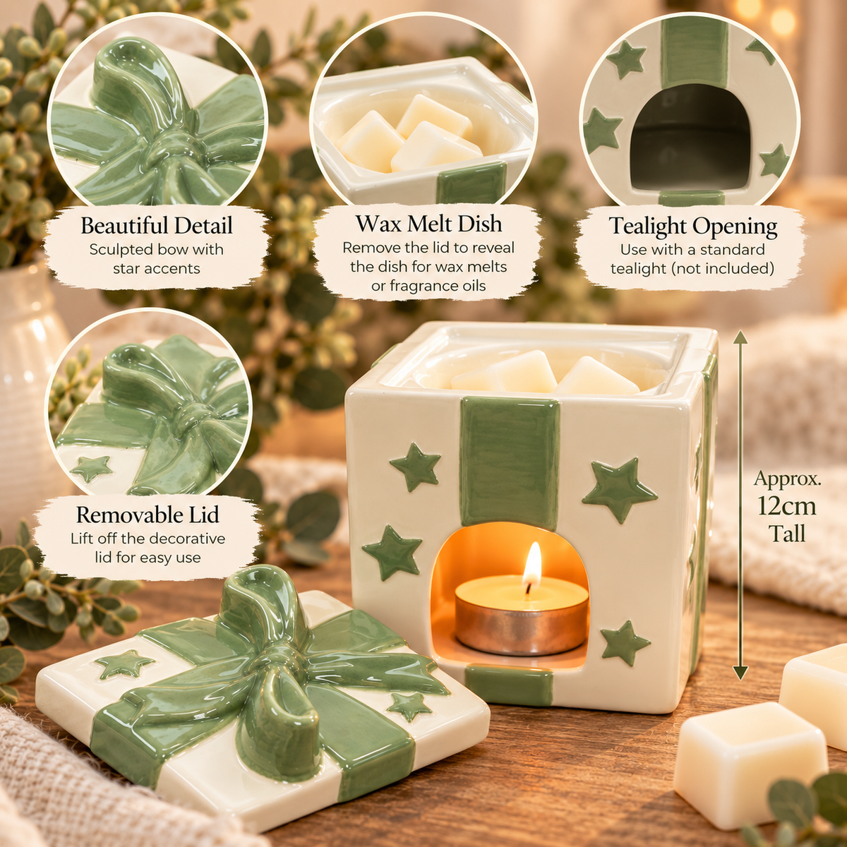 Ceramic Gift Box Wax Melter & Oil Burner with Lid – Sage Green