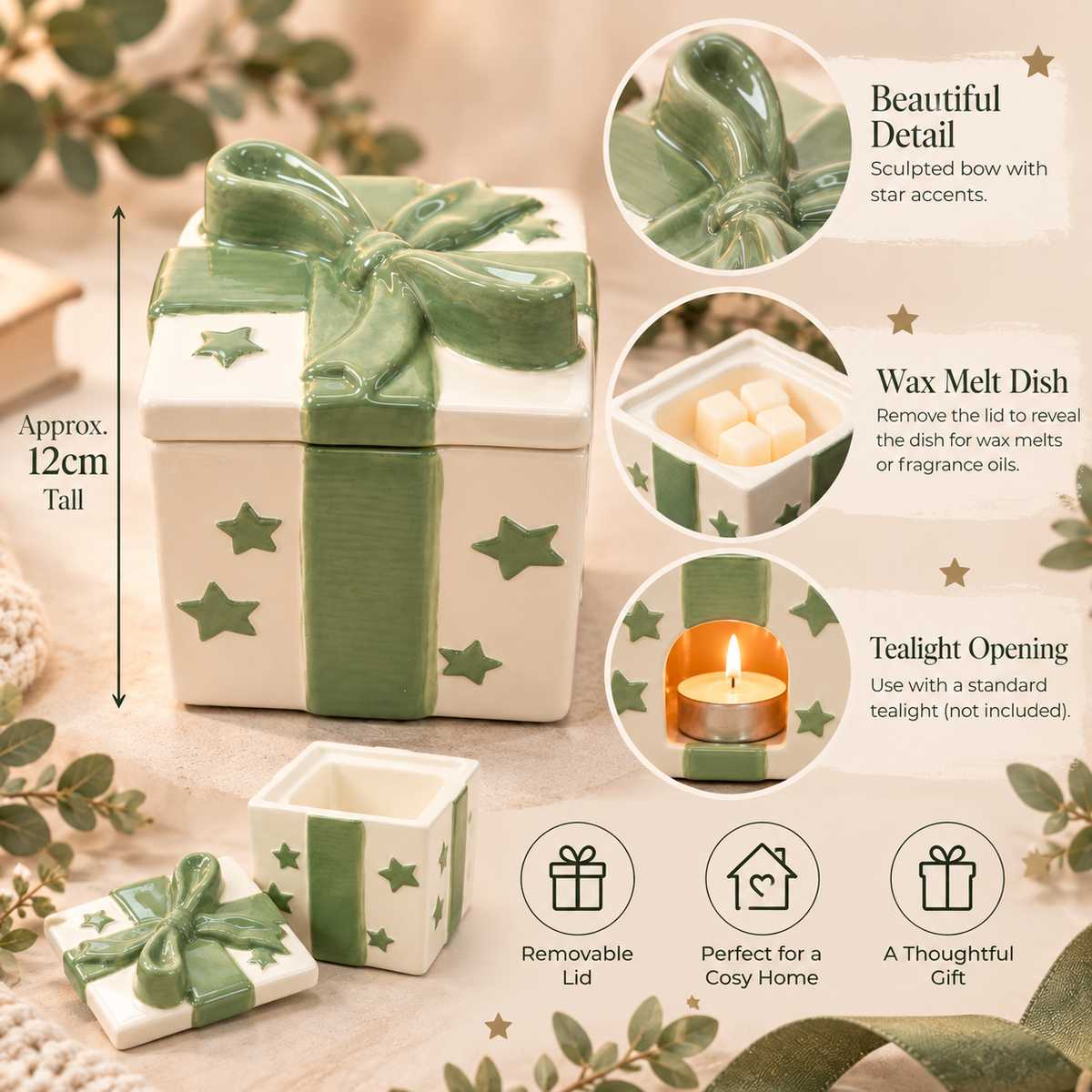 Ceramic Gift Box Wax Melter & Oil Burner with Lid – Sage Green