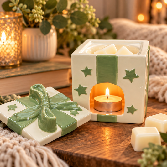 Ceramic Gift Box Wax Melter & Oil Burner with Lid – Sage Green